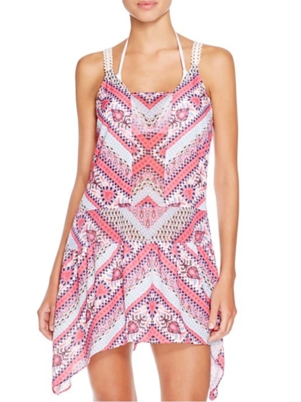 BECCA Pink and White Printed Crochet Swim Coverup
